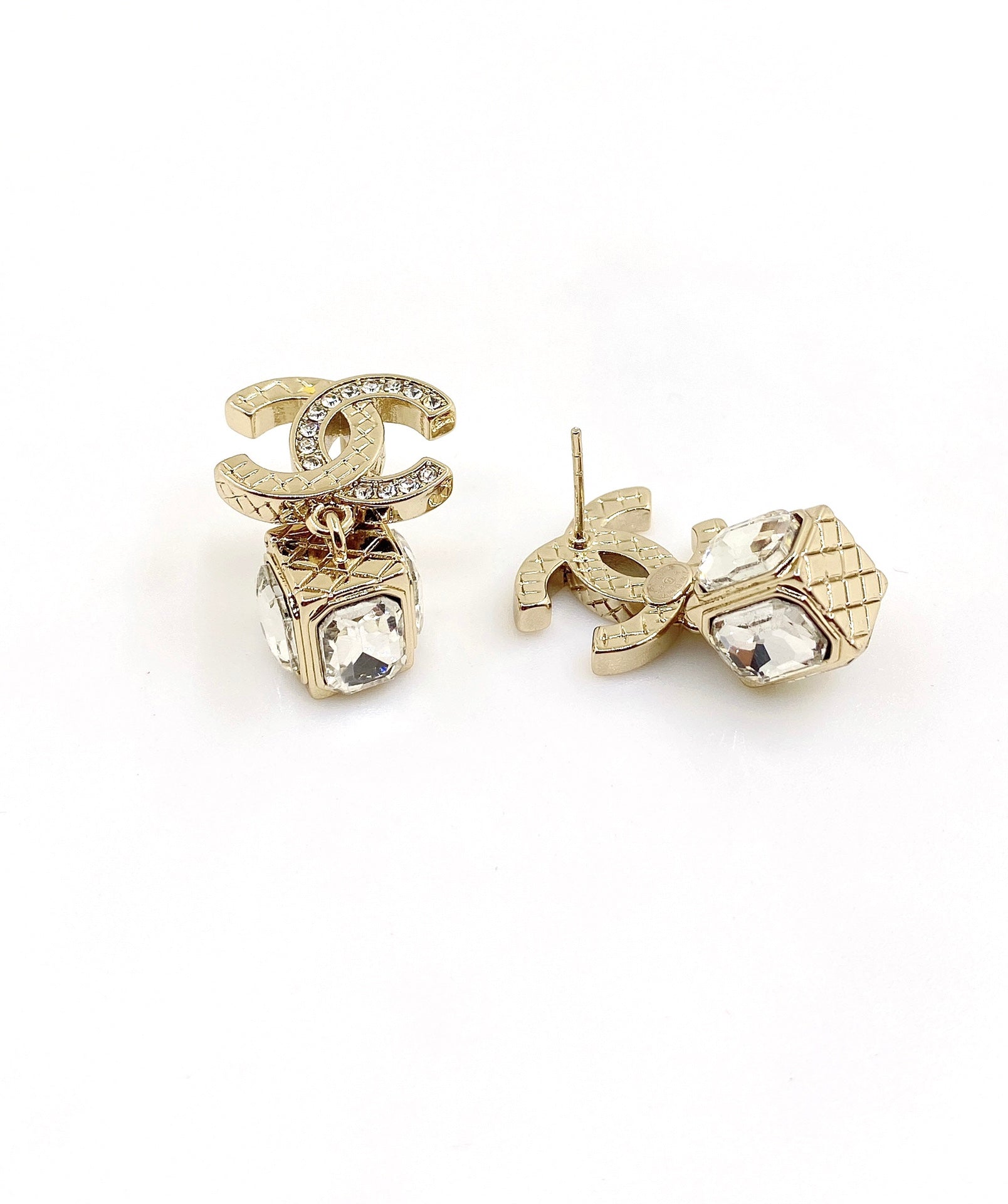 18K  Chanel Square Crystal Pendant Earrings