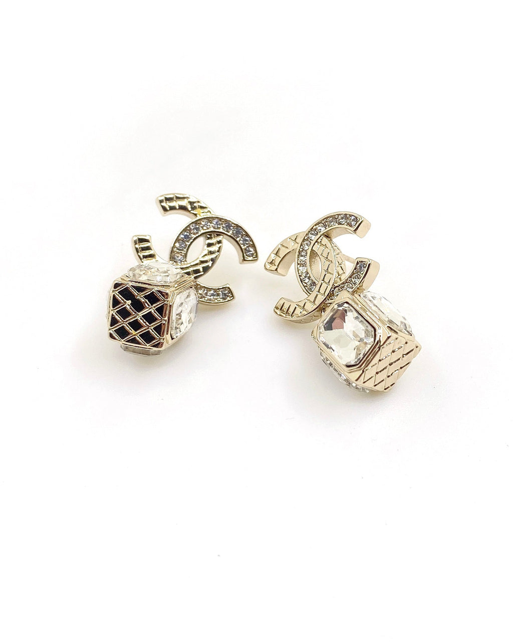 18K  Chanel Square Crystal Pendant Earrings